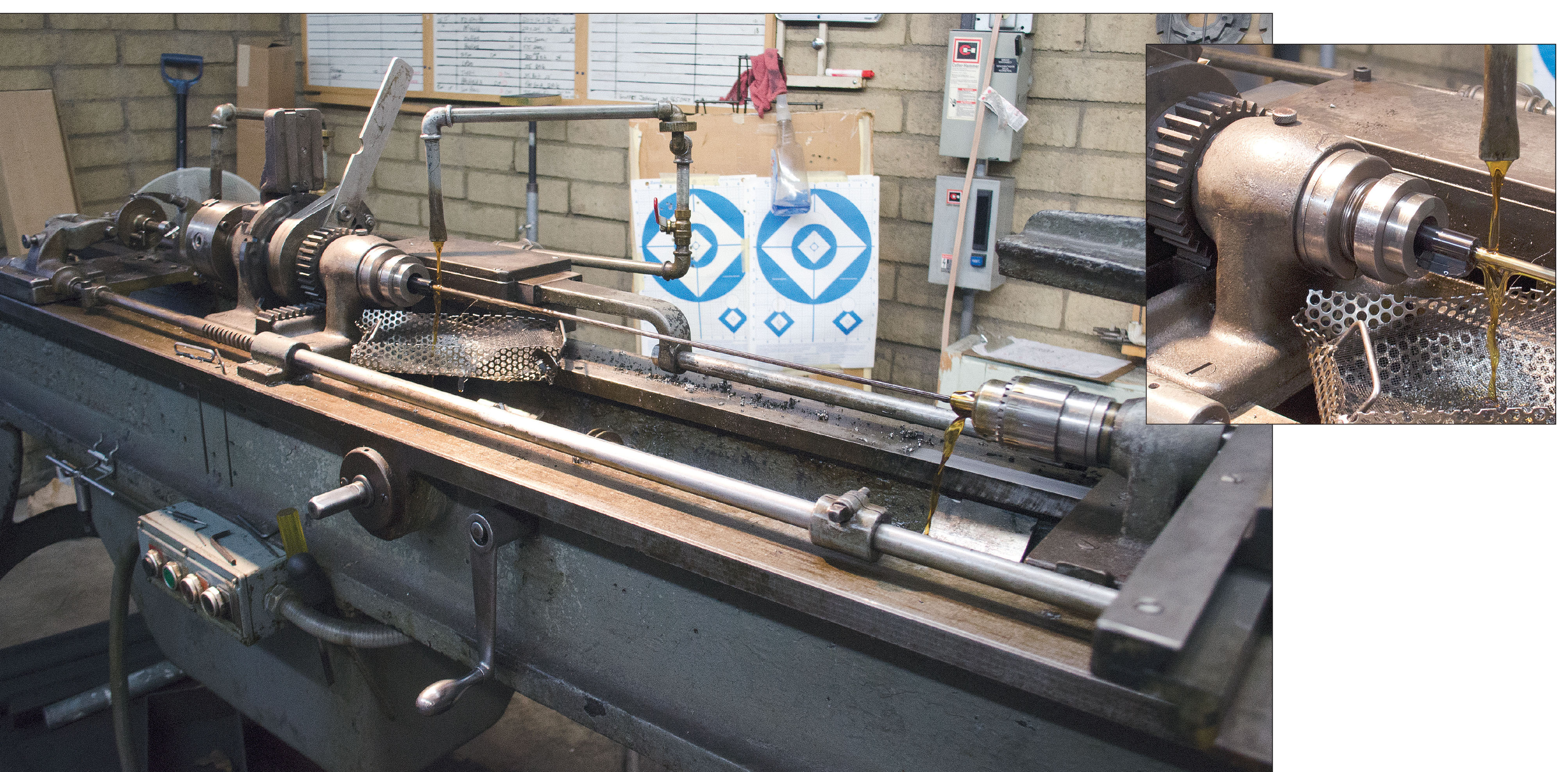 This old Pratt & Whitney machine with indexing head (inset) pulls a rifling head through a reamed bore to cut the rifling grooves. Each groove requires several passes to achieve a proper depth
